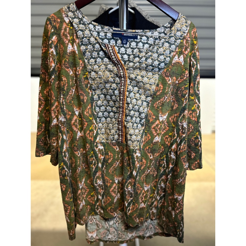 Denim 24/7 Top Womens 1X Green Mixed Print Boho Split Neck 3/4 Sleeve Tunic